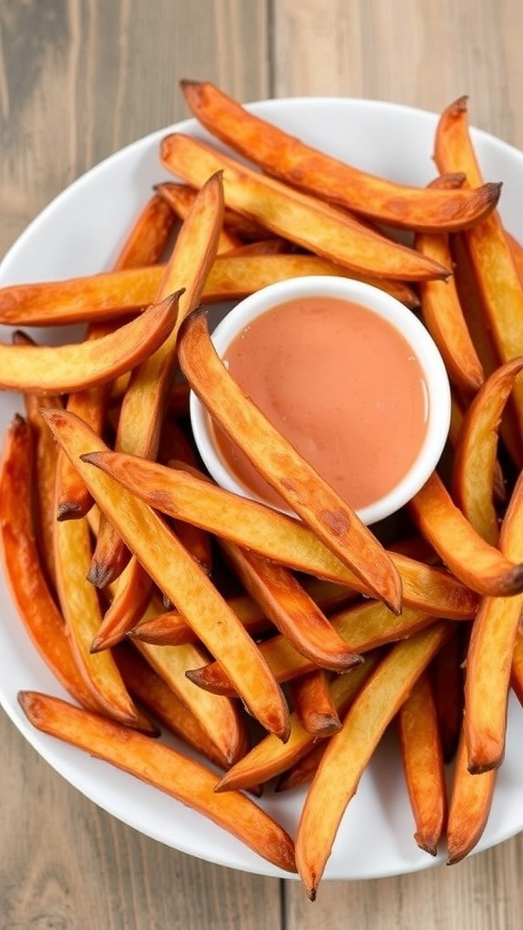 Crispy Air Fryer Yam Fries Recipe Crispy golden yam fries served on a plate with dipping sauce on a rustic table.